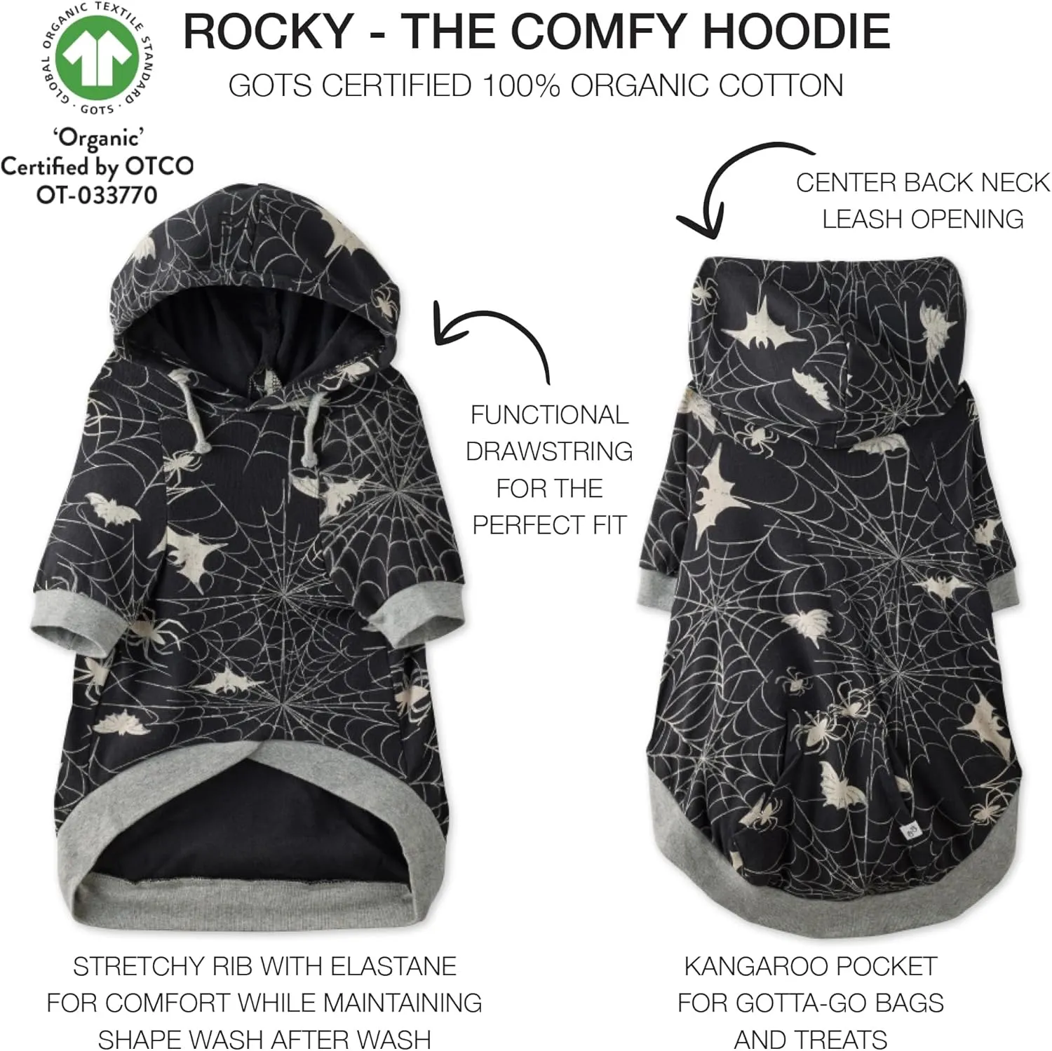 100% Organic Cotton Rocky - The Comfy Dog Hoodie Pet Coat for Small, Medium and Large Dogs, Batty Black, XX-Small