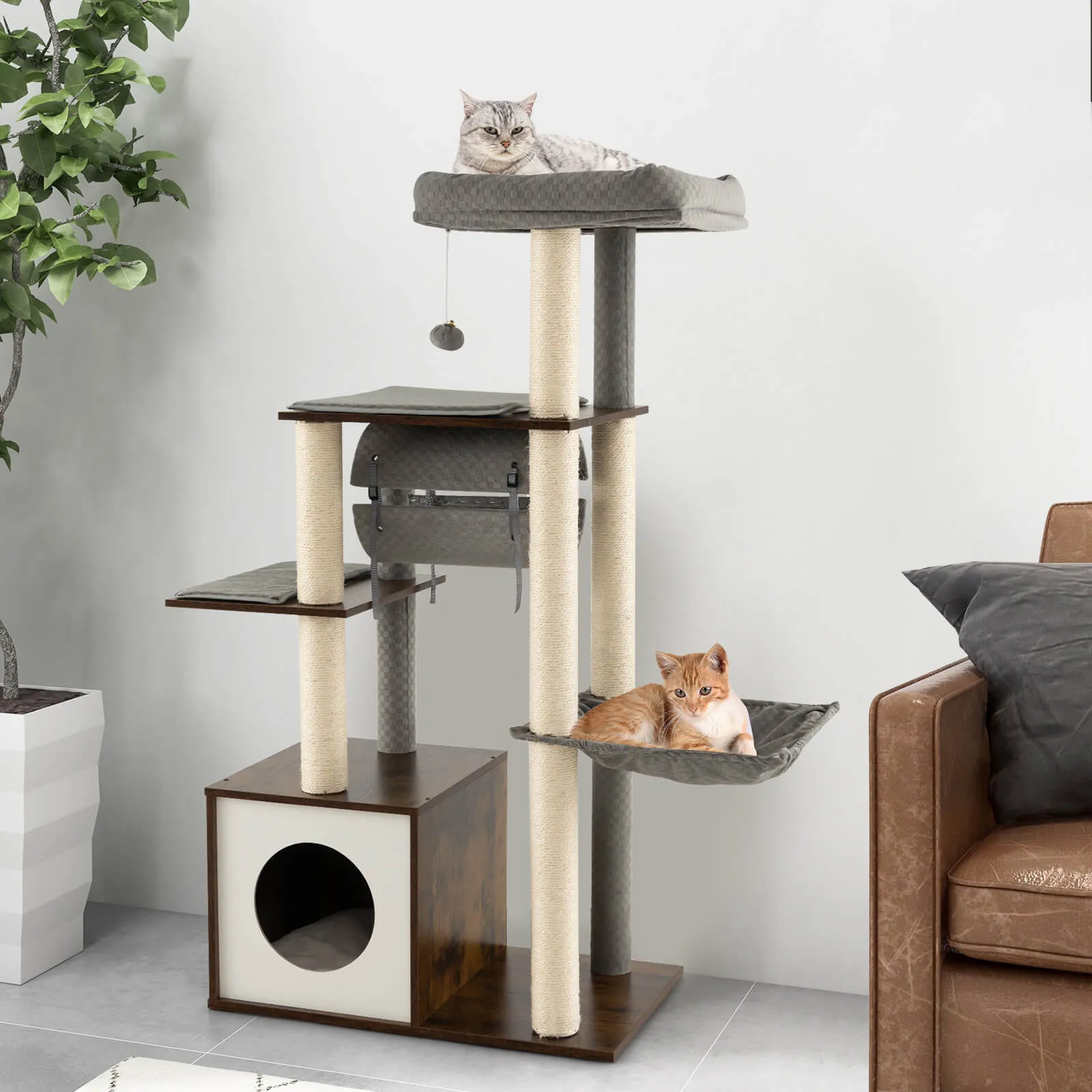 127cm Wood Cat Tree with Hammock and Swing Tunnel-Grey