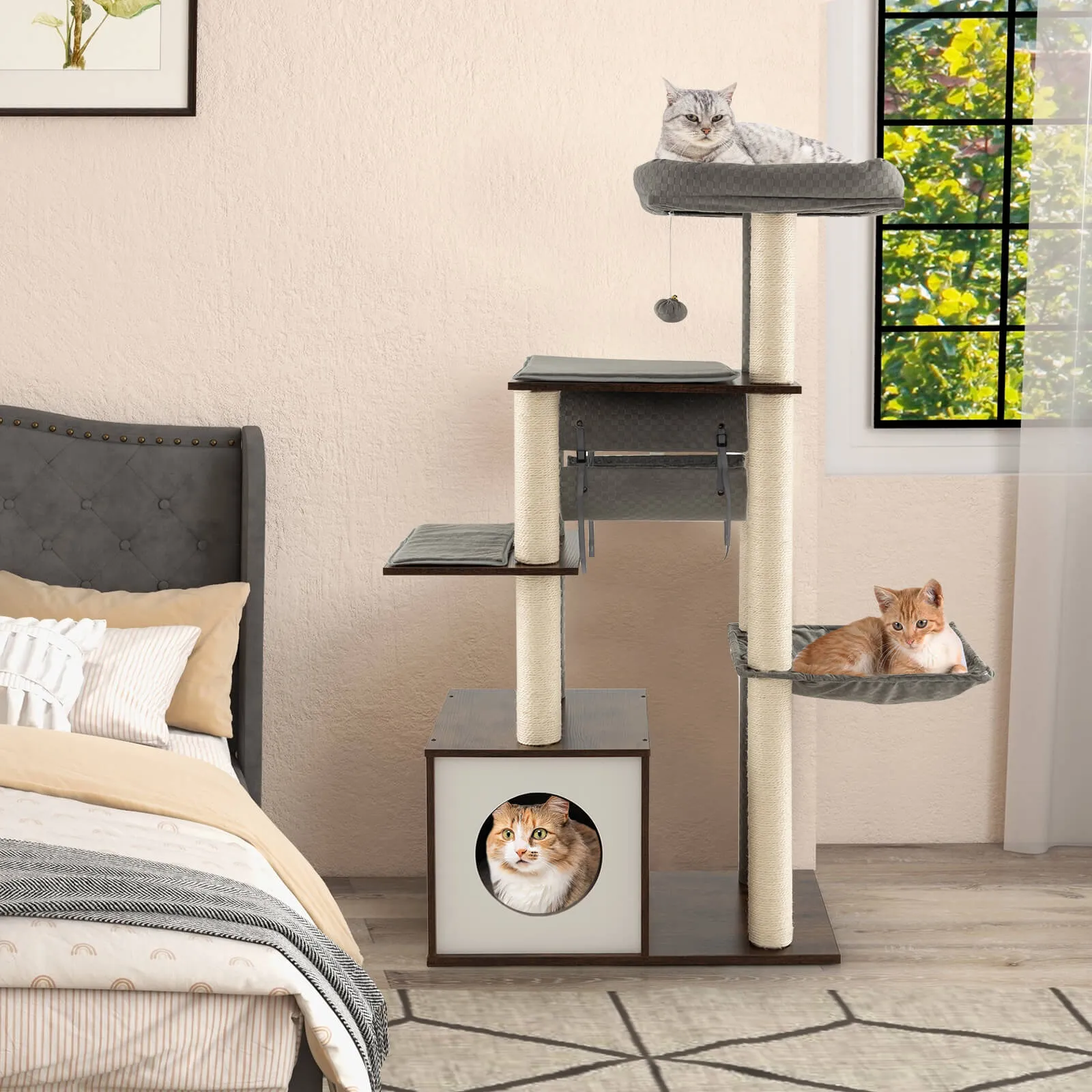 127cm Wood Cat Tree with Hammock and Swing Tunnel-Grey