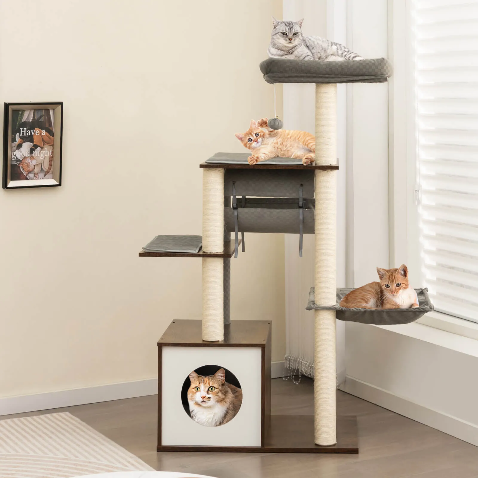 127cm Wood Cat Tree with Hammock and Swing Tunnel-Grey