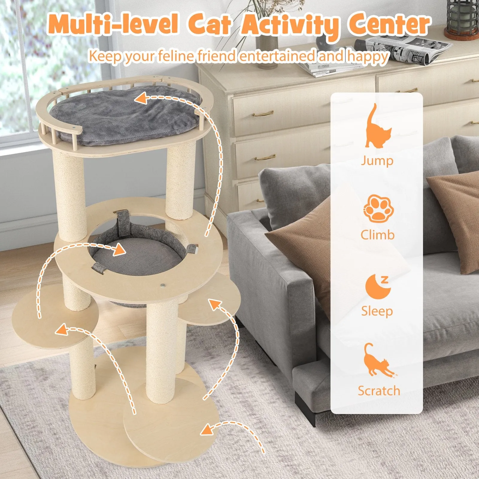 150CM Wooden Multi-Level Cat Tree with Top Perch and Hammock-Grey