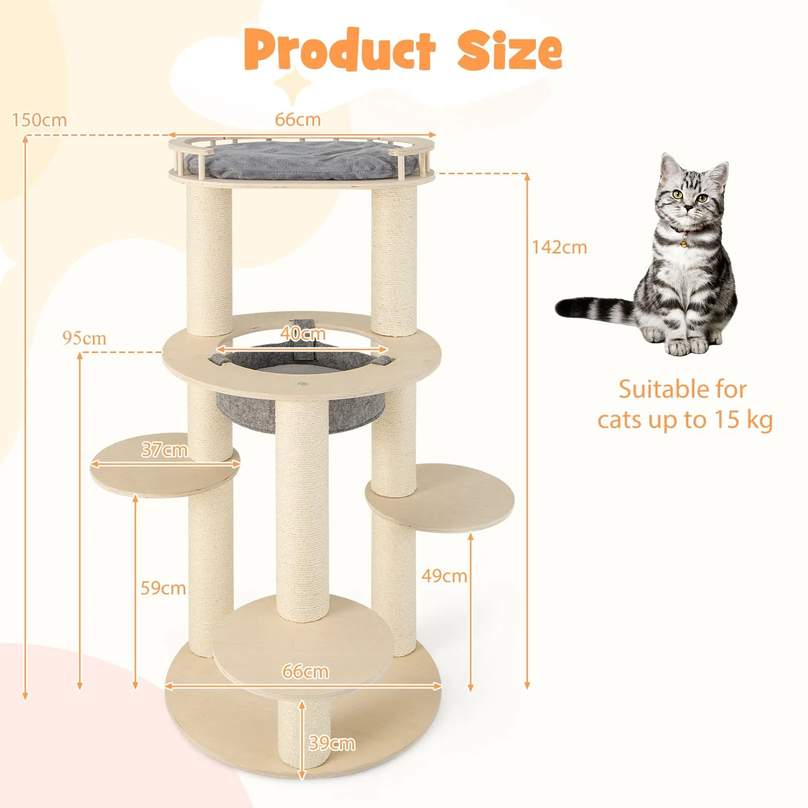 150CM Wooden Multi-Level Cat Tree with Top Perch and Hammock-Grey