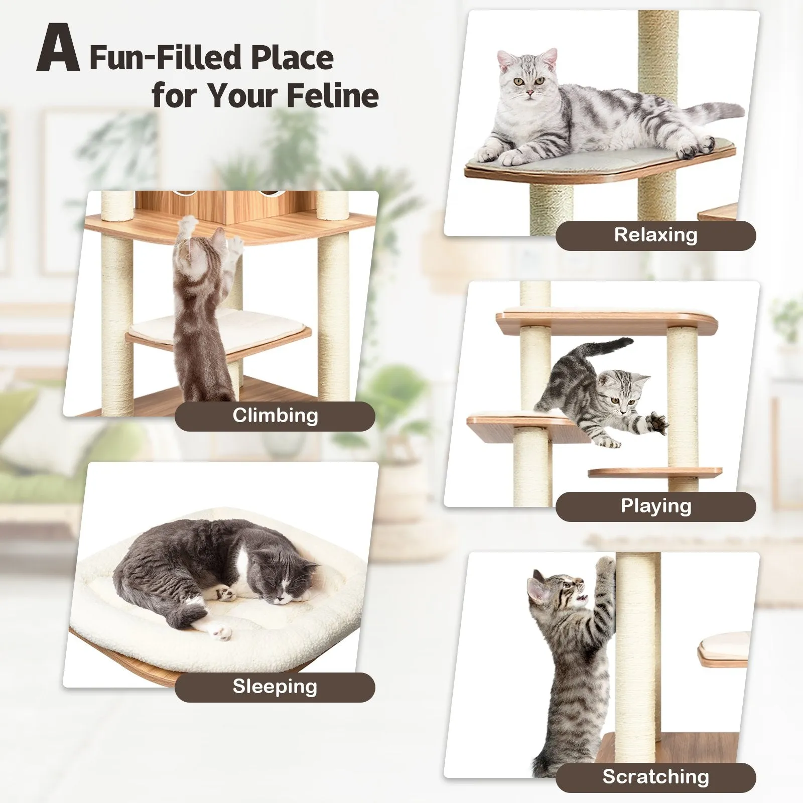 176 CM Wooden Cat Tree with Condo and Free Cushions
