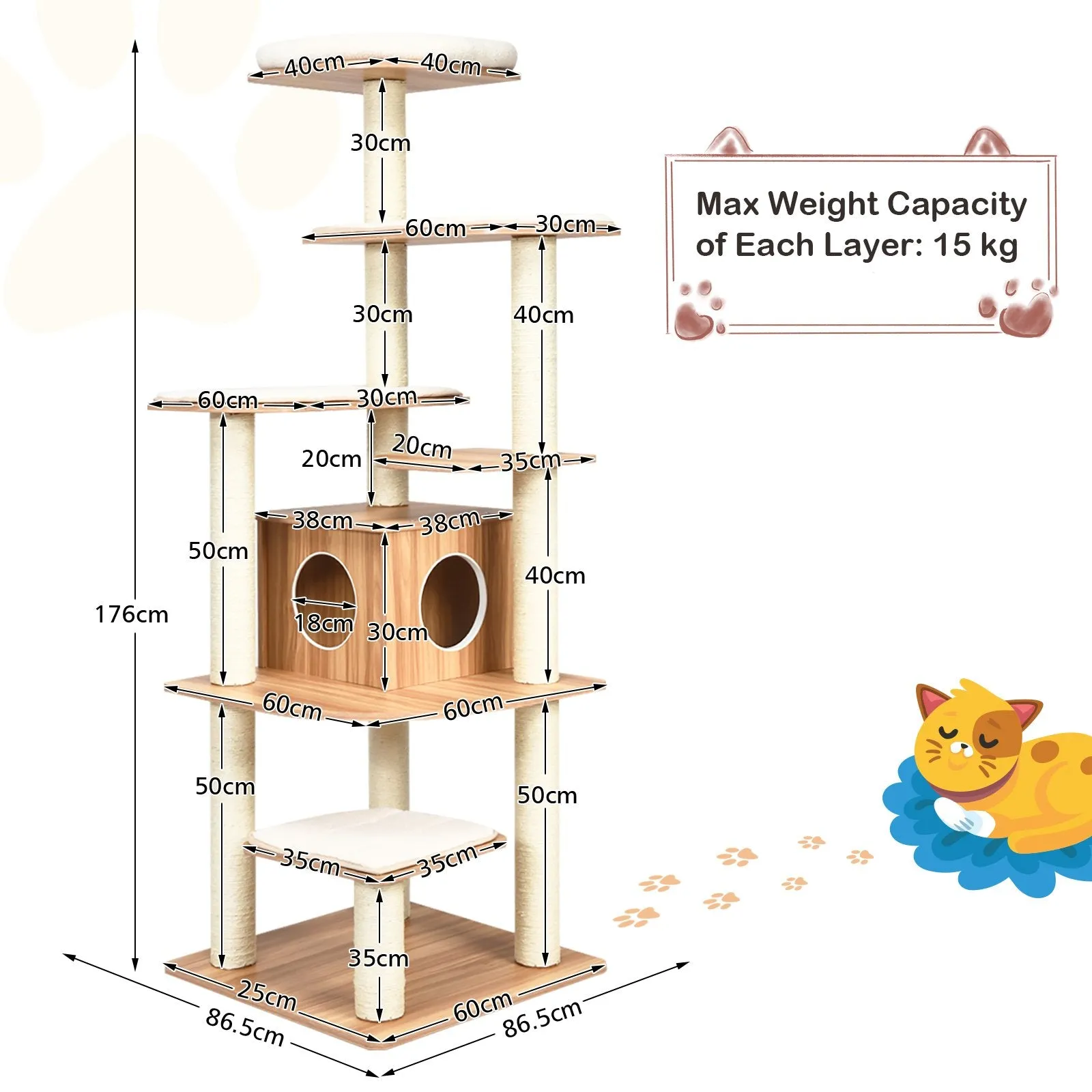 176 CM Wooden Cat Tree with Condo and Free Cushions