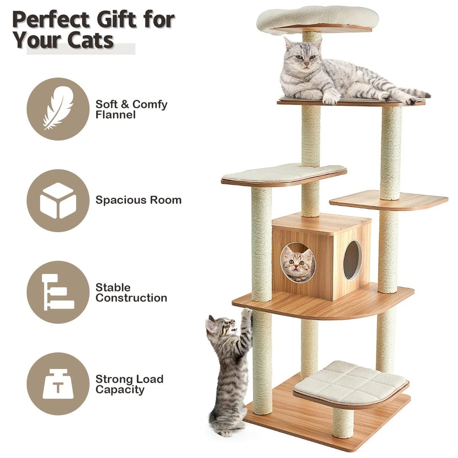 176 CM Wooden Cat Tree with Condo and Free Cushions
