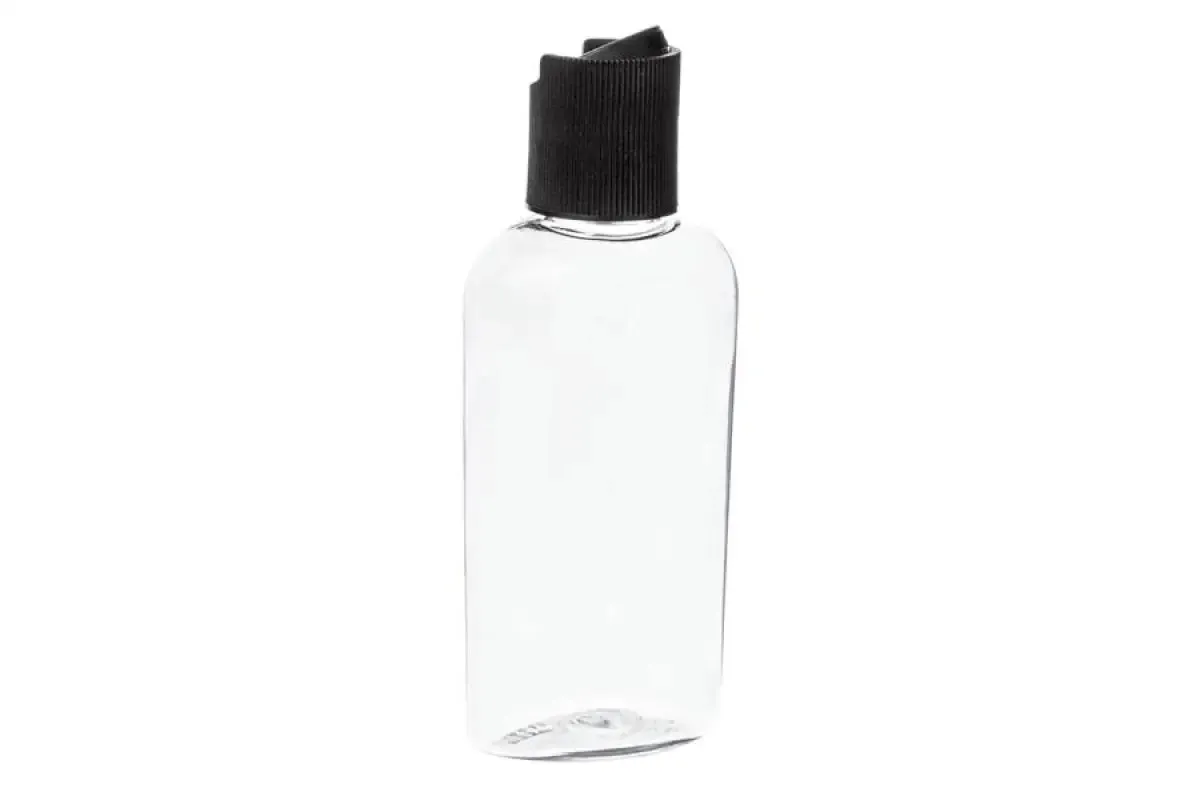 2 oz. Clear Oval Plastic Bottle with HEAT INDUCTION SEAL Black Disc-Top Cap