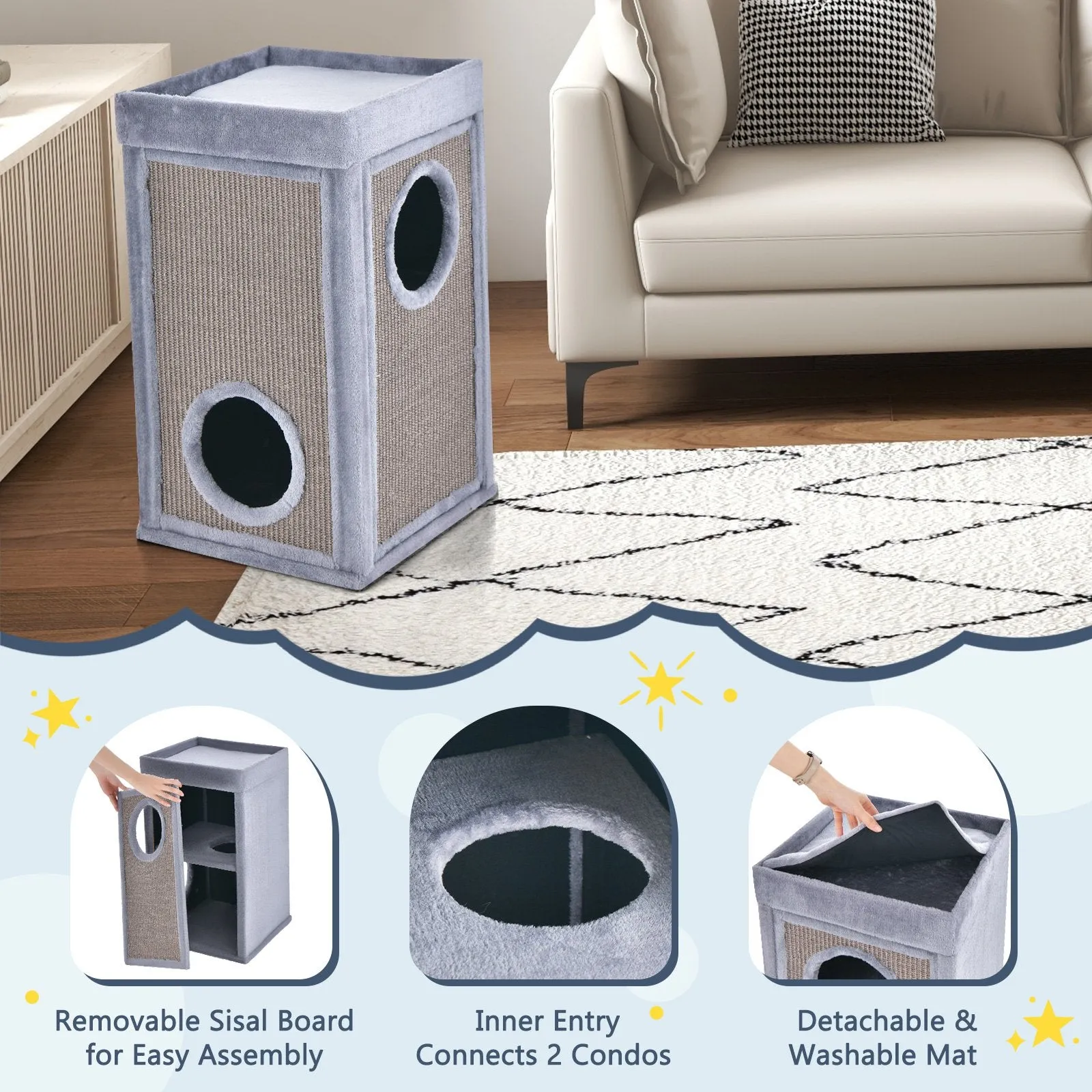 2-Tier Cat House with Sisal Scratch Boards-Grey