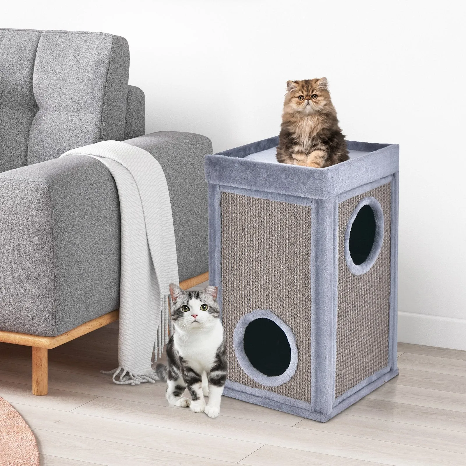 2-Tier Cat House with Sisal Scratch Boards-Grey