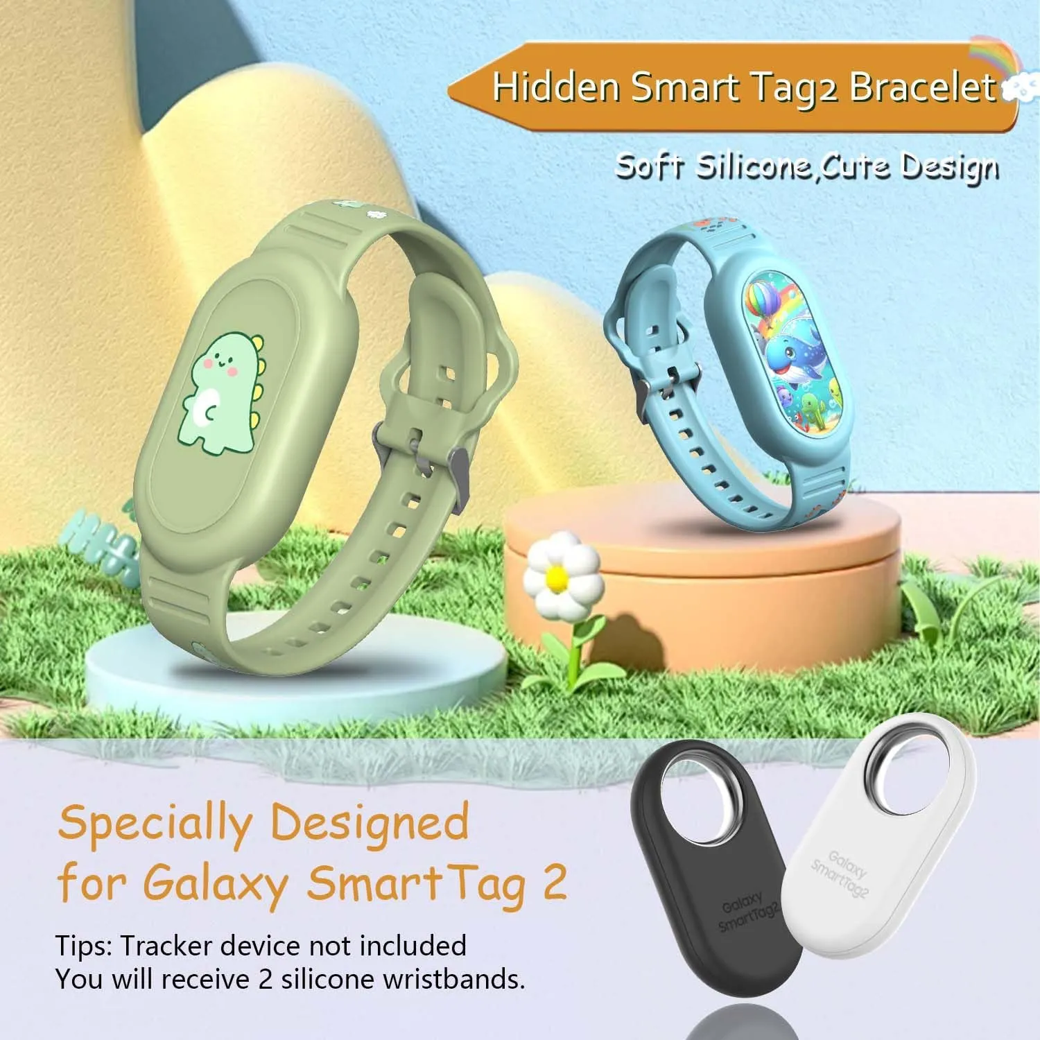 [2Pack] Cute Bracelet for Galaxy SmartTag 2 (2023), Silicone Cartoon Smart Tag 2 Wristband Holder Compatible with Samsung SmartTag 2 Waterproof Smart Tag 2 Case for Kids Elderly (Dinosaurs & Whales)