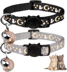 2PCS Breakaway Cat Collars with Bell Cute Kitty Glow in The Dark Adjustable Kitten Collars(Grey&Black)