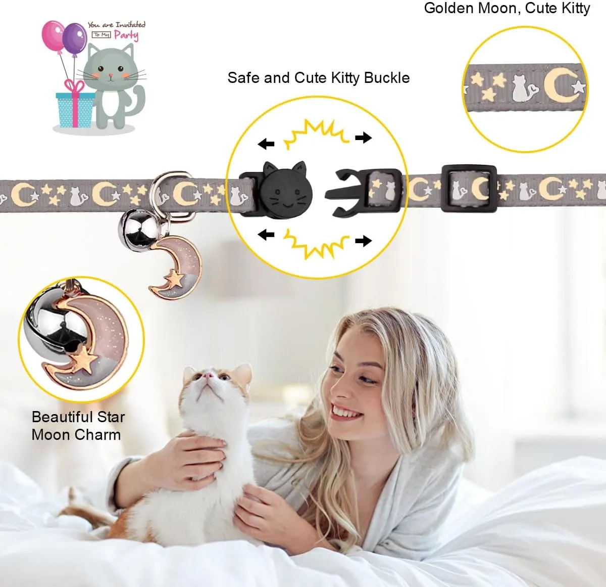 2PCS Breakaway Cat Collars with Bell Cute Kitty Glow in The Dark Adjustable Kitten Collars(Grey&Black)
