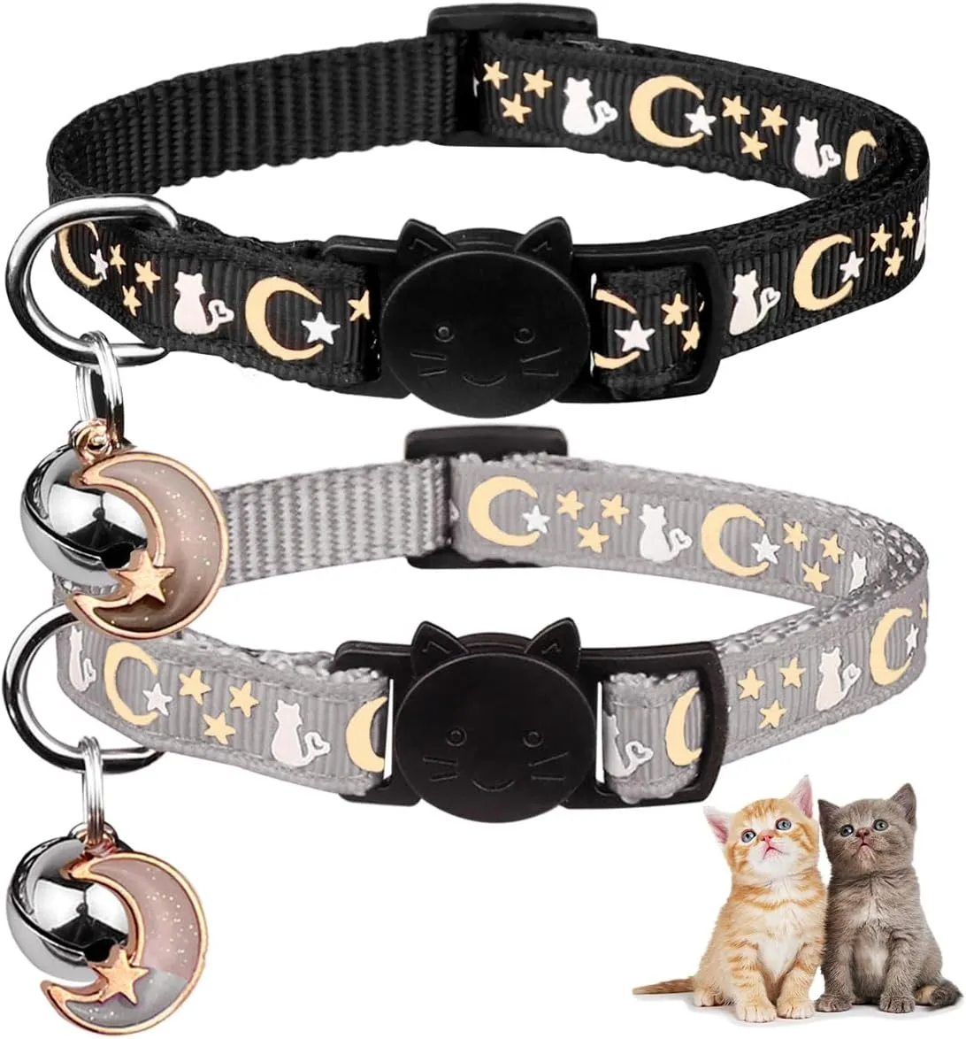 2PCS Breakaway Cat Collars with Bell Cute Kitty Glow in The Dark Adjustable Kitten Collars(Grey&Black)