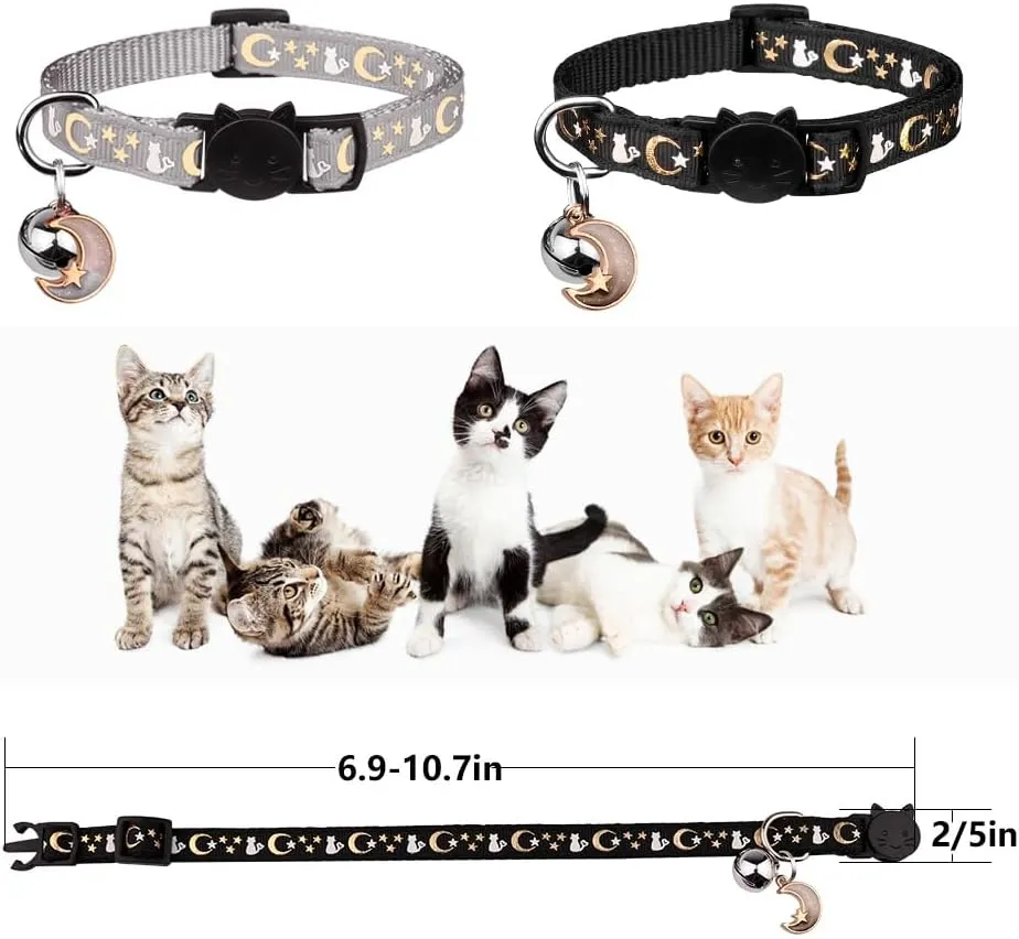 2PCS Breakaway Cat Collars with Bell Cute Kitty Glow in The Dark Adjustable Kitten Collars(Grey&Black)