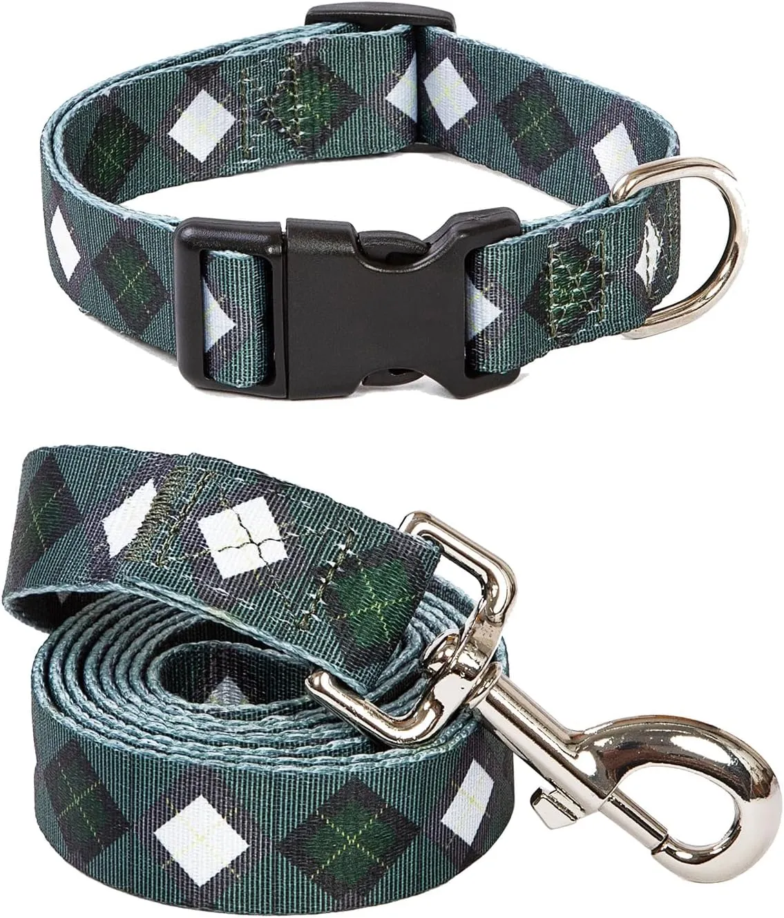2PCS Dog Plaid Collars and Funny Leash Set Pet Gift Adjustable Dogs Green Checks Collars for Small to Large Pets (Small)