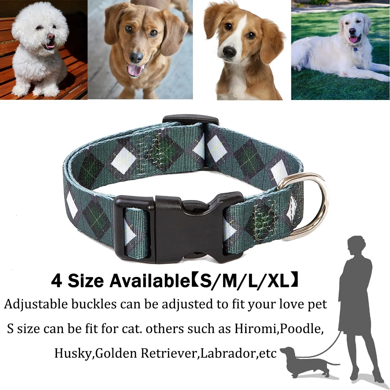 2PCS Dog Plaid Collars and Funny Leash Set Pet Gift Adjustable Dogs Green Checks Collars for Small to Large Pets (Small)