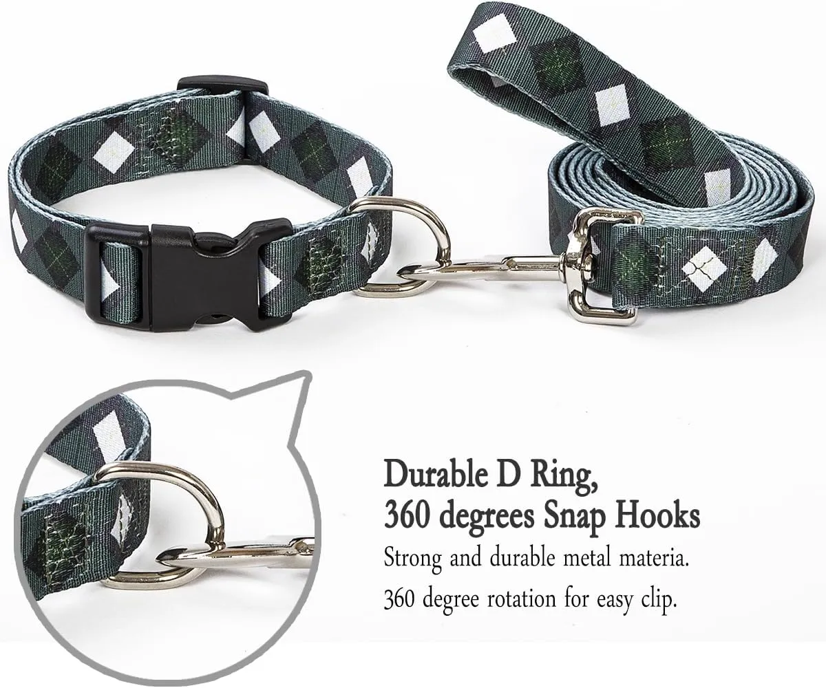 2PCS Dog Plaid Collars and Funny Leash Set Pet Gift Adjustable Dogs Green Checks Collars for Small to Large Pets (Small)