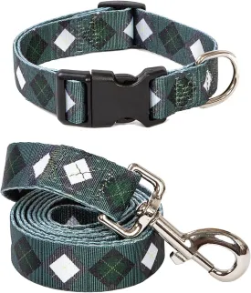 2PCS Dog Plaid Collars and Funny Leash Set Pet Gift Adjustable Dogs Green Checks Collars for Small to Large Pets (Small)