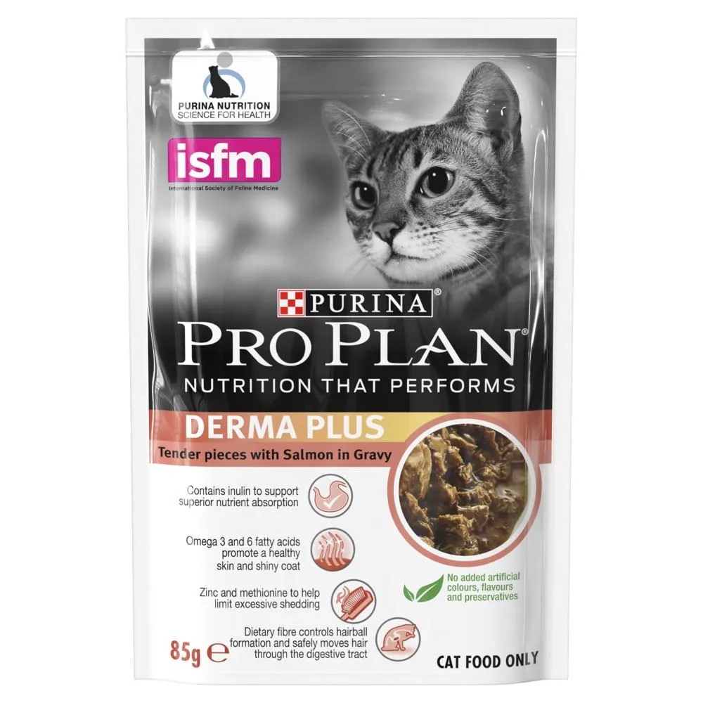 30% OFF (Exp 24Nov23): Pro Plan Derma Plus Salmon In Gravy Adult Pouch Cat Food 85gx12 (1 box)