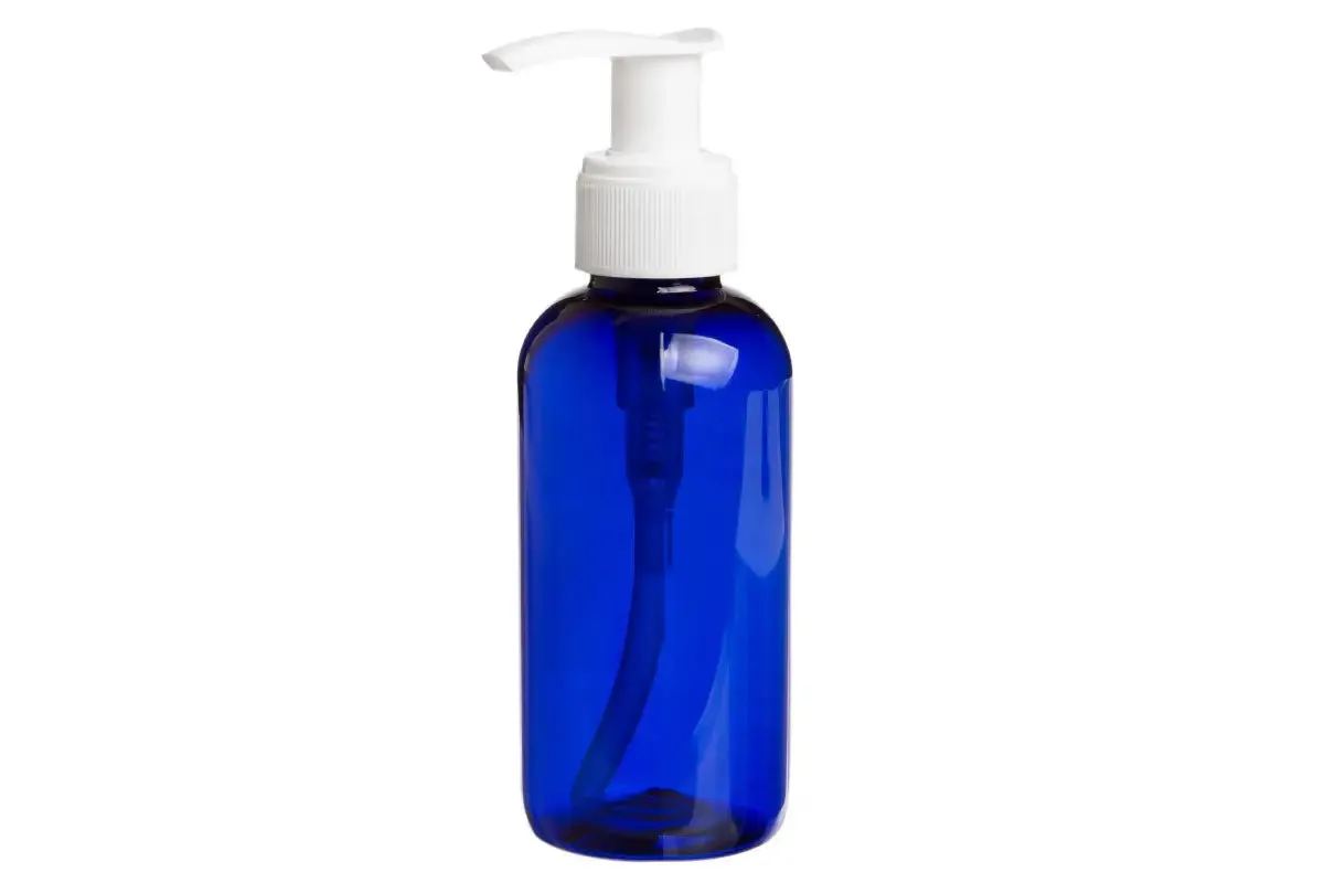 4 oz. Blue PET Plastic Boston Round Bottle with White Pump