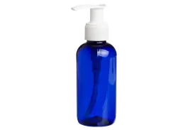 4 oz. Blue PET Plastic Boston Round Bottle with White Pump