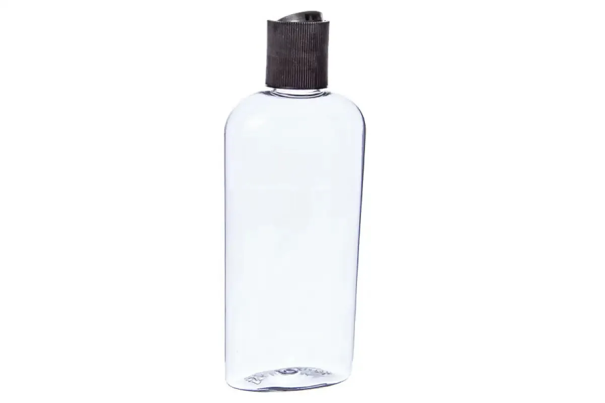 4 oz. Clear Oval Plastic Bottle and HEAT INDUCTION SEAL Black Disc-Top Cap