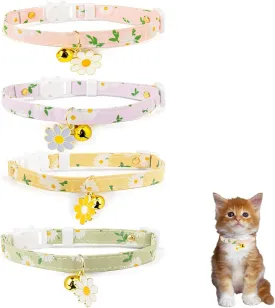 4 Pack Cotton Breakaway Cat Collar with Bell,Safety Adjustable Cat Collars Set with Flower Pendant,Ideal for Girl Cats Boy Cats