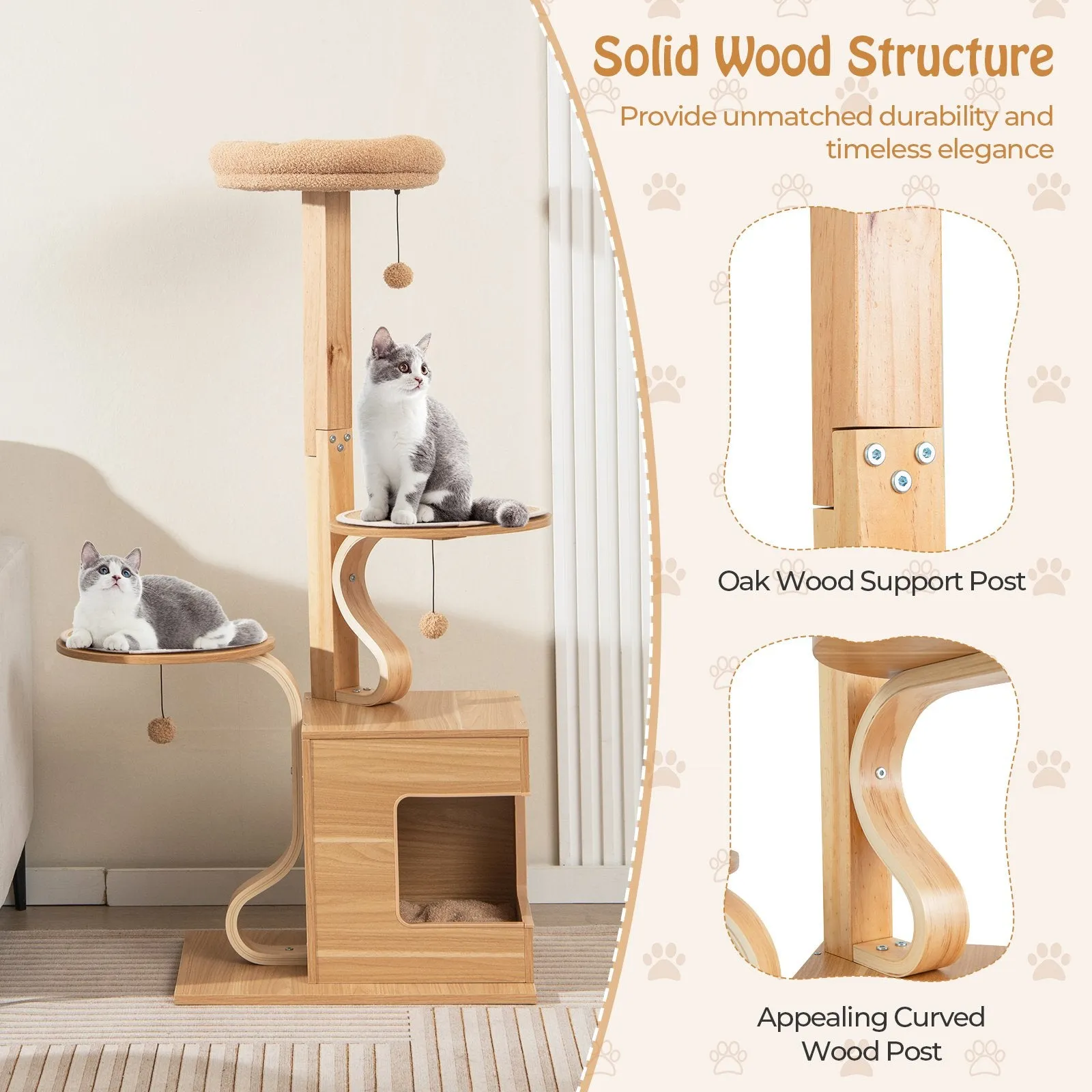 51 inches Wooden Cat Tree with Solid Wood Post and  Curved Plywood Frame-Natural