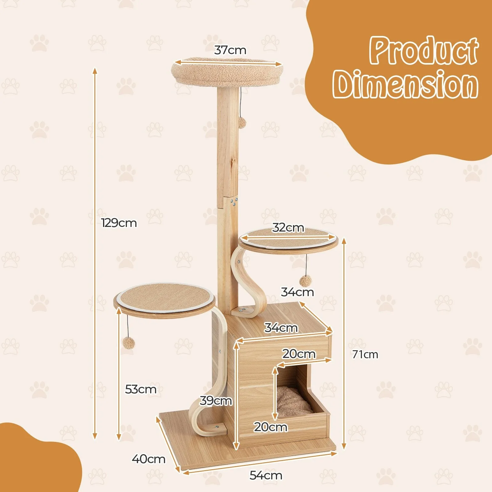 51 inches Wooden Cat Tree with Solid Wood Post and  Curved Plywood Frame-Natural