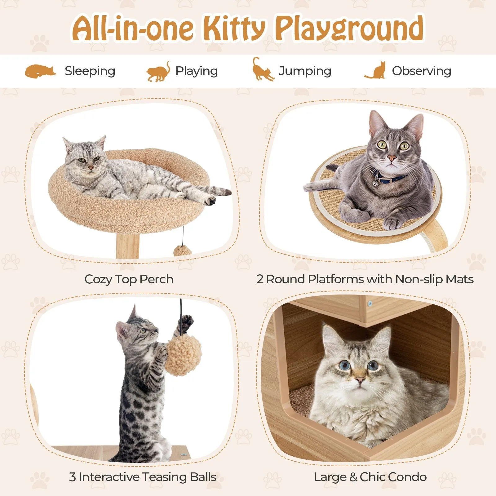 51 inches Wooden Cat Tree with Solid Wood Post and  Curved Plywood Frame-Natural