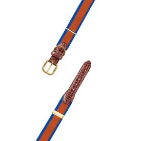 Adjustable Orange on Blue Grosgrain Dog Collar with Embossed Calf Tabs