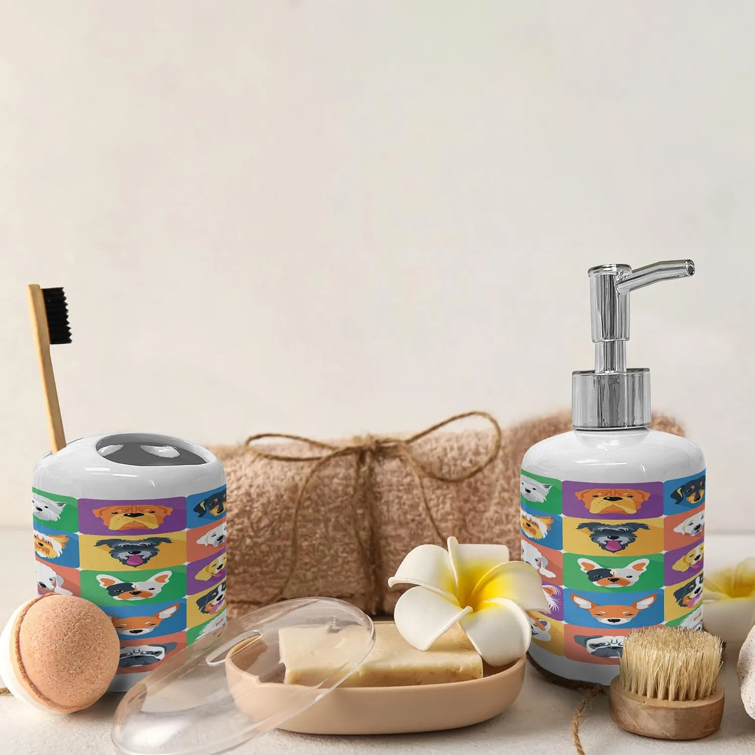 Ambesonne Dog Soap Dispenser & Toothbrush Holder Set, Dog Breeds Profiles Pets Shepherd Terrier Labrador Domestic Animals Illustration, Ceramic Bathroom Toiletry Accessories, 2 Pcs, Purple Green