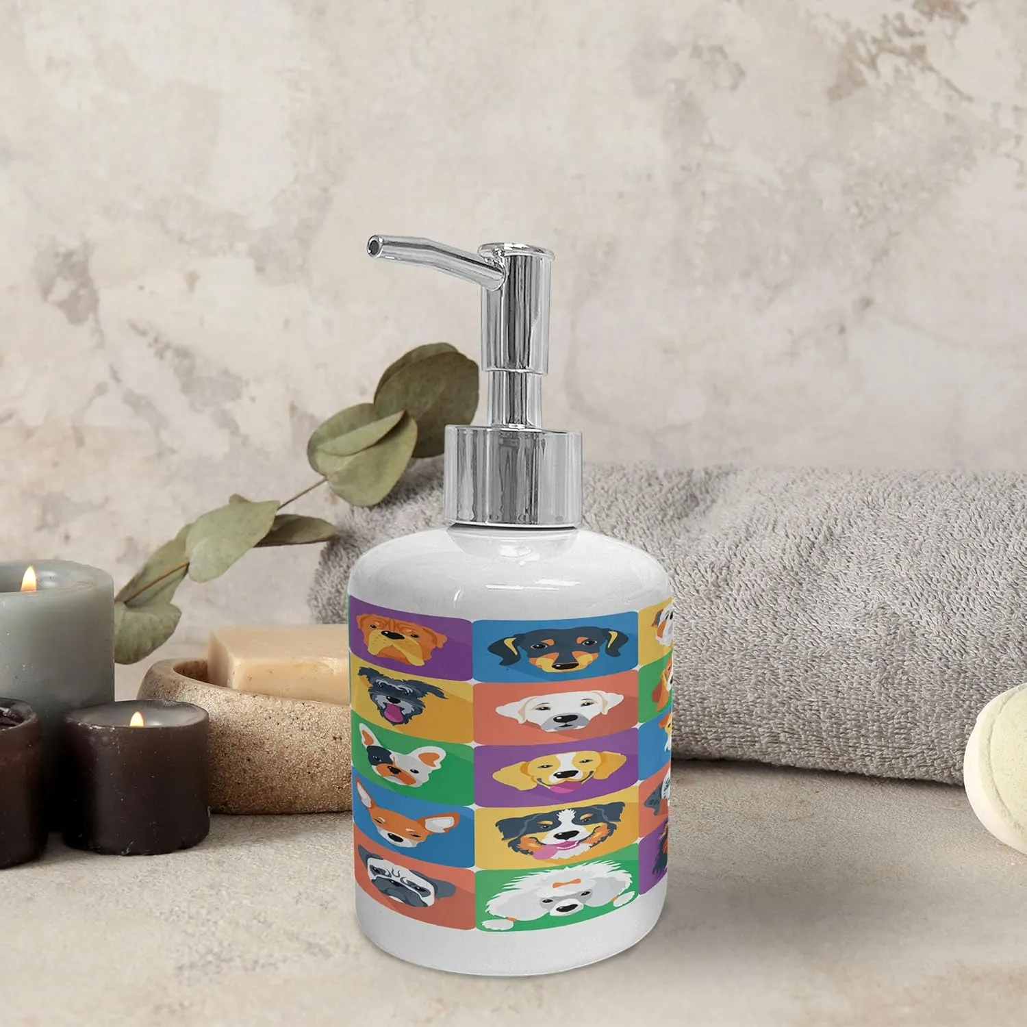 Ambesonne Dog Soap Dispenser & Toothbrush Holder Set, Dog Breeds Profiles Pets Shepherd Terrier Labrador Domestic Animals Illustration, Ceramic Bathroom Toiletry Accessories, 2 Pcs, Purple Green