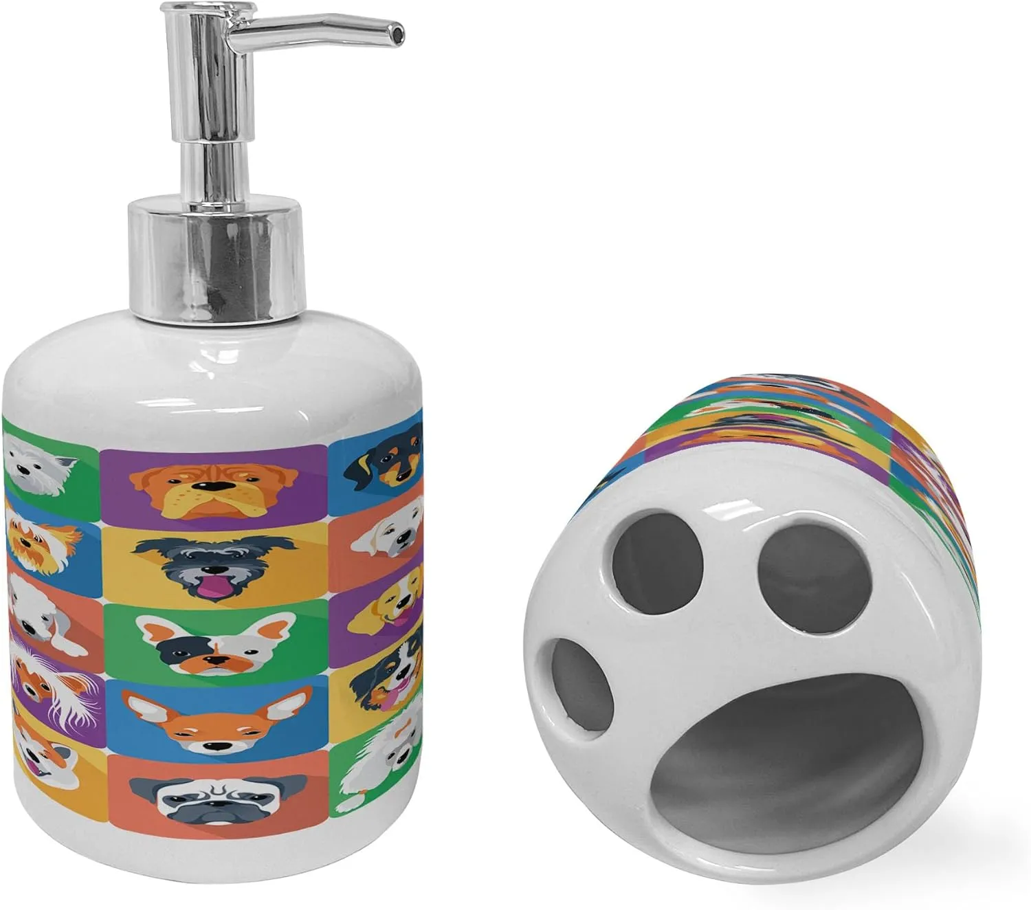 Ambesonne Dog Soap Dispenser & Toothbrush Holder Set, Dog Breeds Profiles Pets Shepherd Terrier Labrador Domestic Animals Illustration, Ceramic Bathroom Toiletry Accessories, 2 Pcs, Purple Green