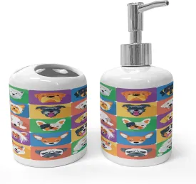 Ambesonne Dog Soap Dispenser & Toothbrush Holder Set, Dog Breeds Profiles Pets Shepherd Terrier Labrador Domestic Animals Illustration, Ceramic Bathroom Toiletry Accessories, 2 Pcs, Purple Green