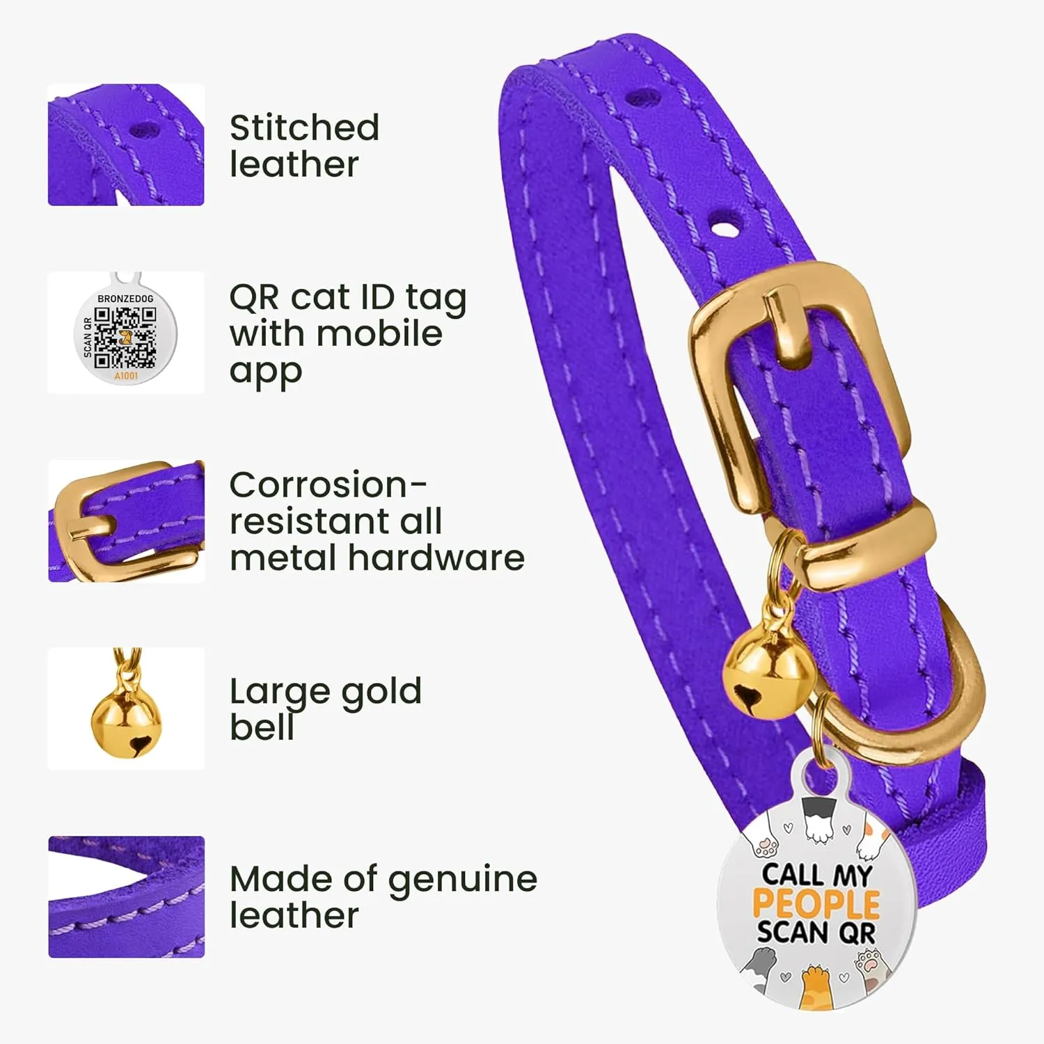 BRONZEDOG Leather Cat Collar with Removable Bells Non Breakaway Kitten QR Tag for Girl Boy (7" - 9" for Cats, Purple & Gold)