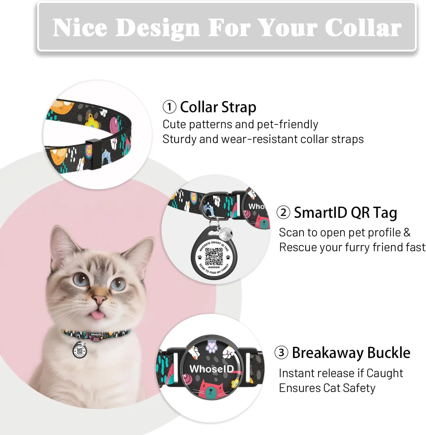Cat Collar with Bells, Cat Collar with Breakaway Safety Buckle, 0.4 Inches Width Lightweight Adjustable Collar, QR Code Tag, Collar with Cat ID Tag (Black, Cat Paw)