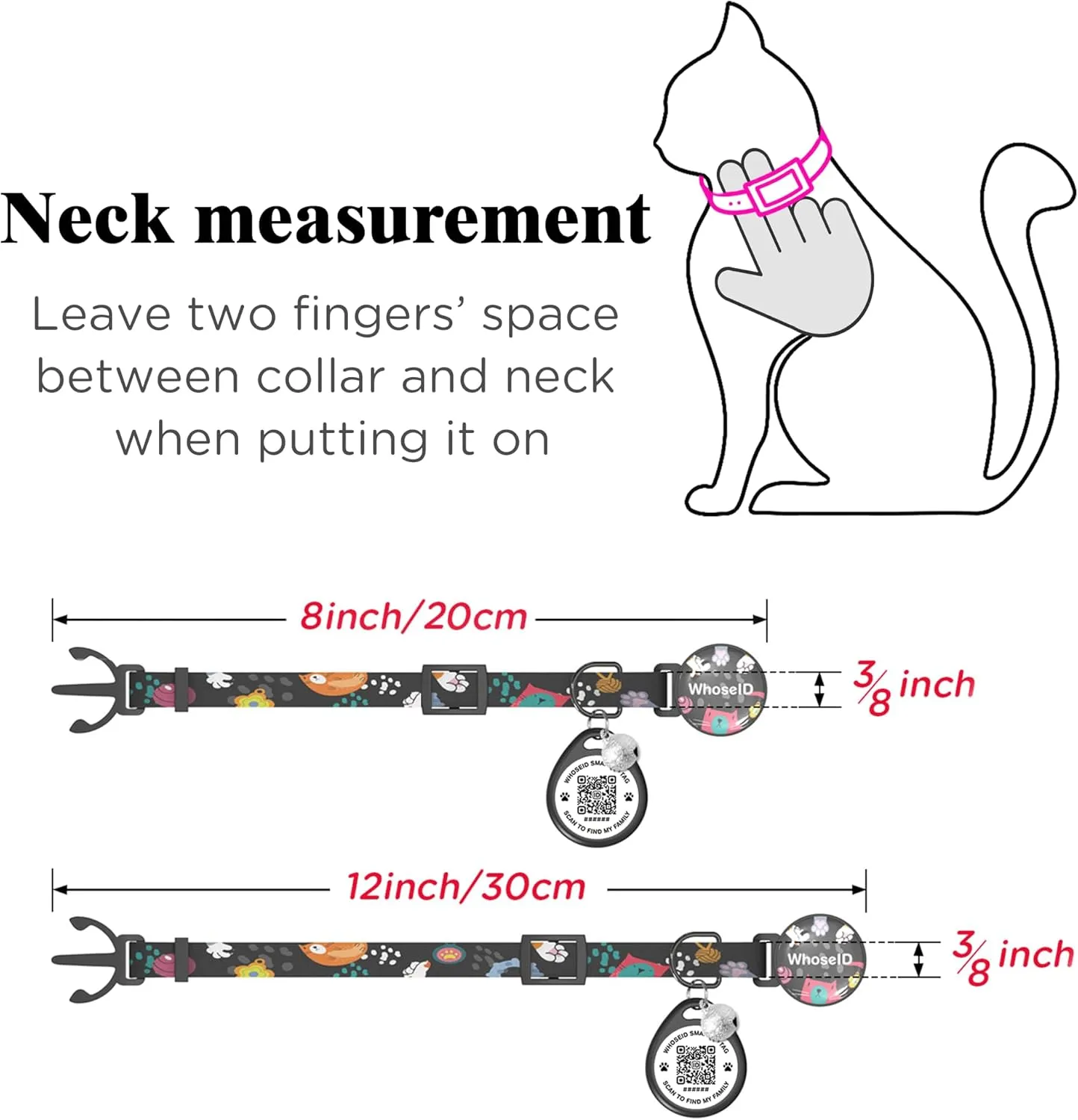 Cat Collar with Bells, Cat Collar with Breakaway Safety Buckle, 0.4 Inches Width Lightweight Adjustable Collar, QR Code Tag, Collar with Cat ID Tag (Black, Cat Paw)