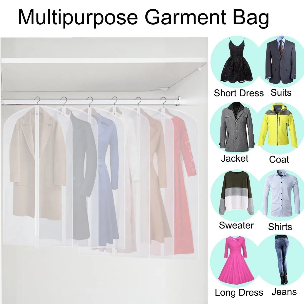 CM CUMIZON Garment Bags Hanging Garment Covers for Long Dresses Translucent Suit Bag (Set of 6) with Full-Length Zipper for Dance Costumes Gown Dress Clothes Storage 24x50 / 60 inch
