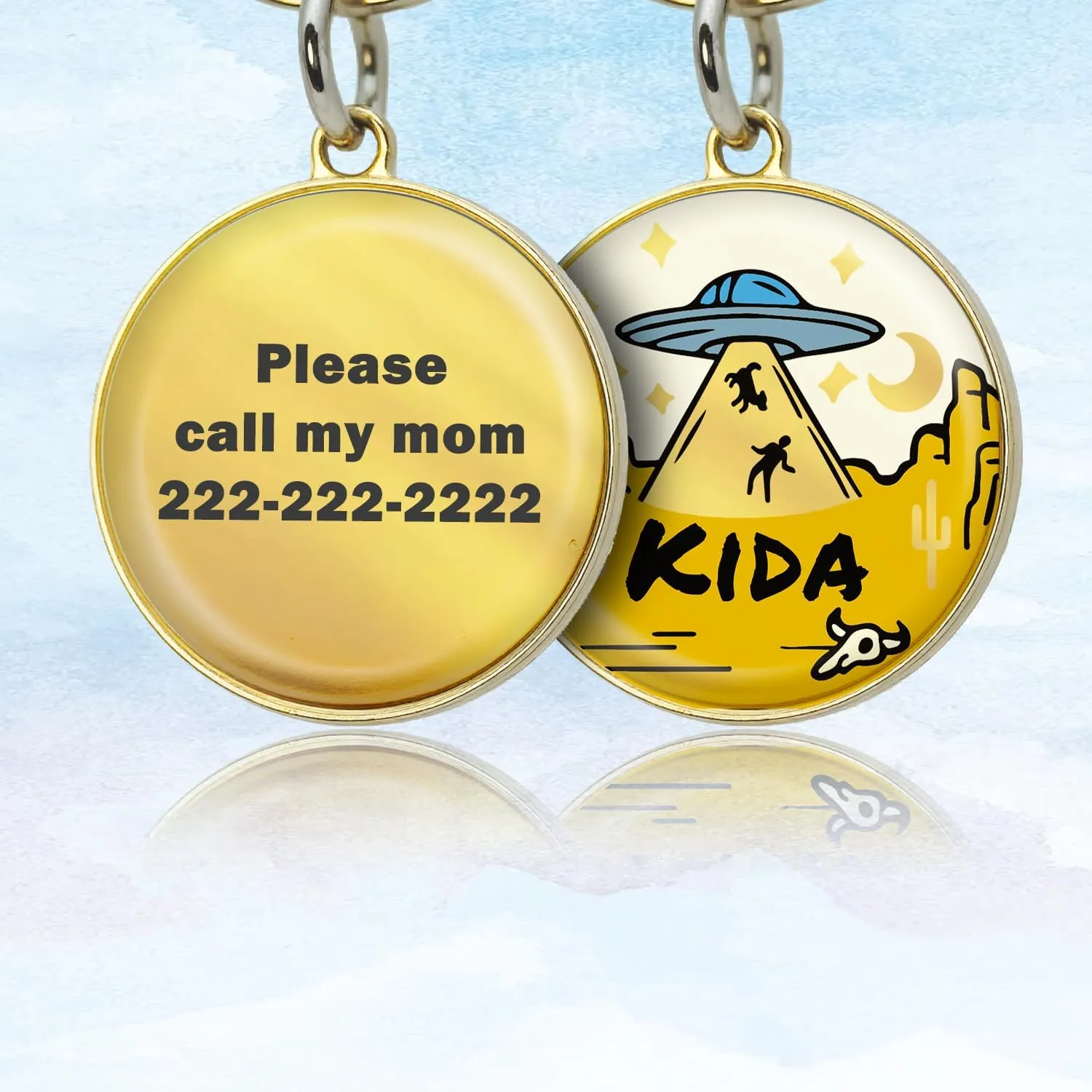 Customizable Reflective Waterproof Pet ID Tag with Engraved Name & Contact Info, Durable Rustproof Metal Lightweight Design for Dogs Cats, Gold & Silver Options (UFO)