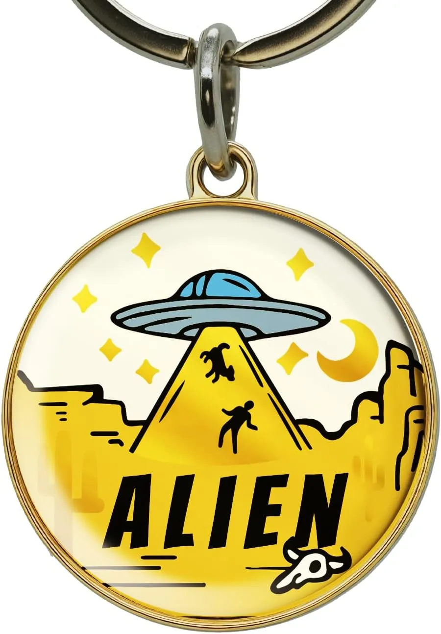 Customizable Reflective Waterproof Pet ID Tag with Engraved Name & Contact Info, Durable Rustproof Metal Lightweight Design for Dogs Cats, Gold & Silver Options (UFO)