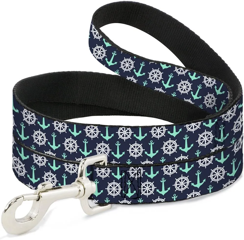 Dog Leash Anchor2 Helm Monogram Navy Turquoise White 6 Feet Long 1.5 Inch Wide