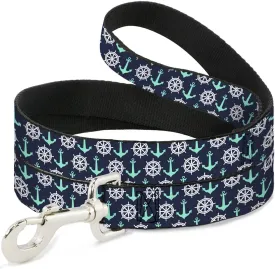 Dog Leash Anchor2 Helm Monogram Navy Turquoise White 6 Feet Long 1.5 Inch Wide