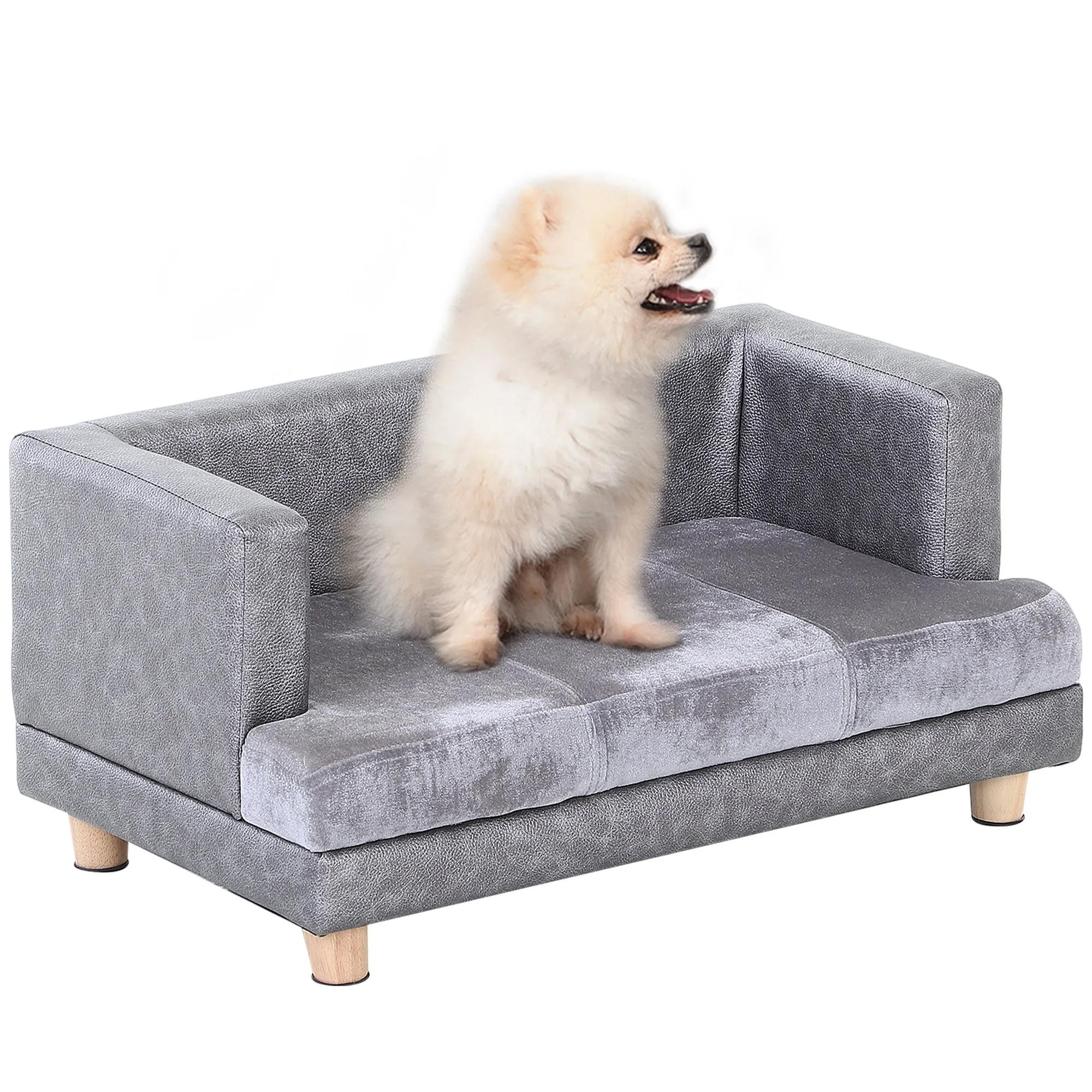 Dog Sofa Bed for Small-Sized Dogs Elevated Pet Chair with PU Cover Soft Cushion Cat Couch Lounger with Anti-slip Legs - Grey