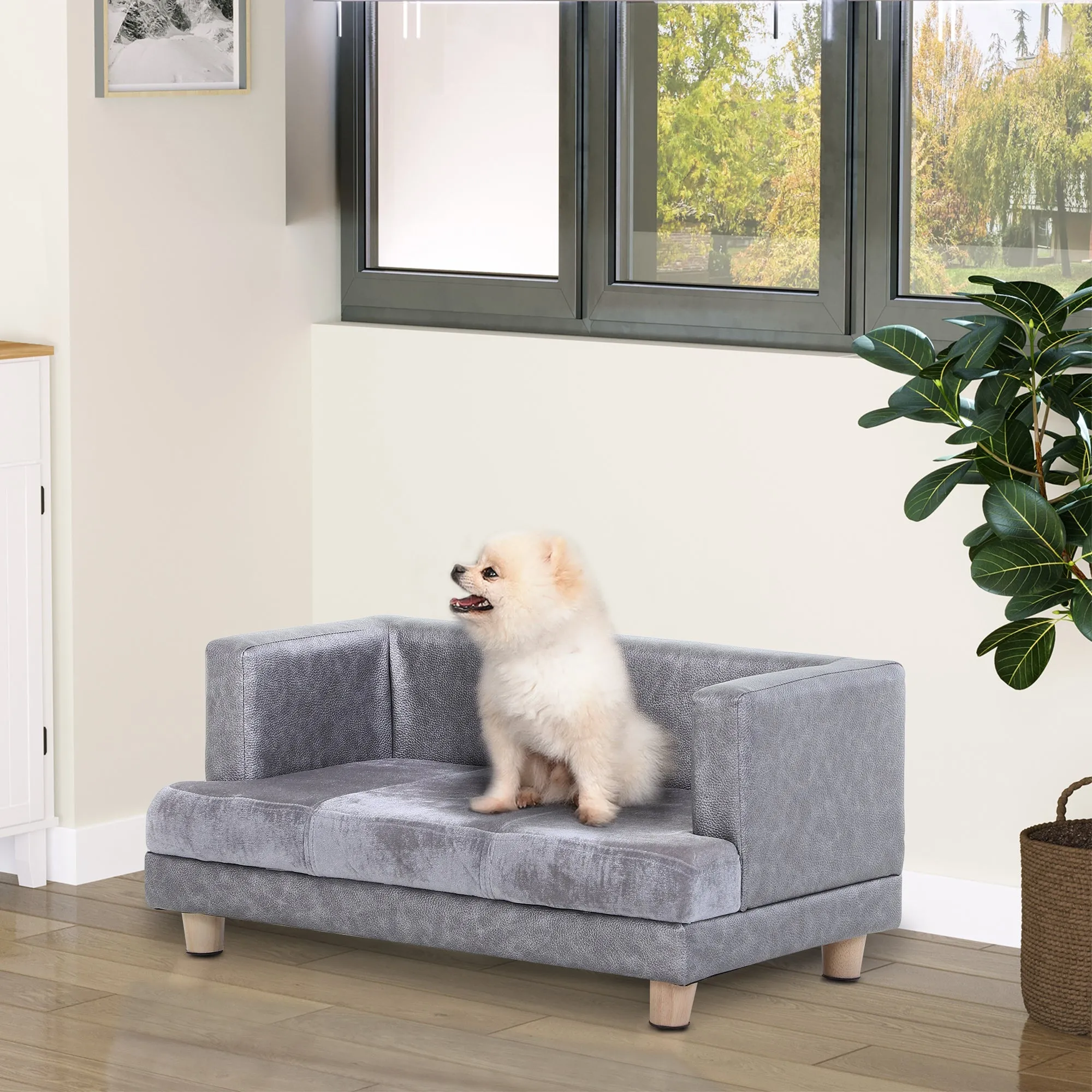 Dog Sofa Bed for Small-Sized Dogs Elevated Pet Chair with PU Cover Soft Cushion Cat Couch Lounger with Anti-slip Legs - Grey