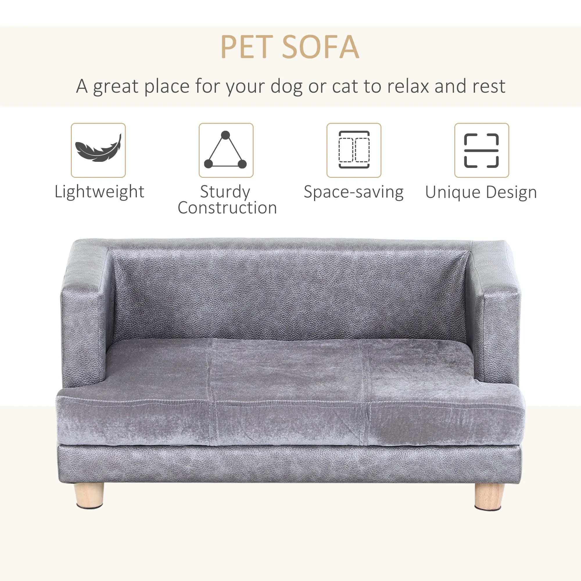 Dog Sofa Bed for Small-Sized Dogs Elevated Pet Chair with PU Cover Soft Cushion Cat Couch Lounger with Anti-slip Legs - Grey