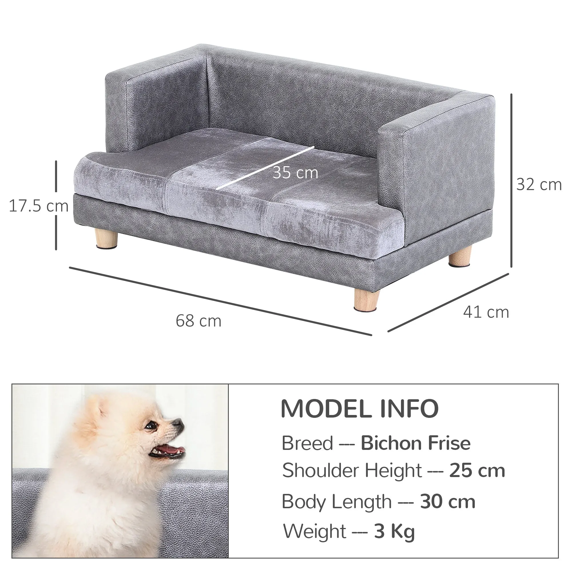 Dog Sofa Bed for Small-Sized Dogs Elevated Pet Chair with PU Cover Soft Cushion Cat Couch Lounger with Anti-slip Legs - Grey
