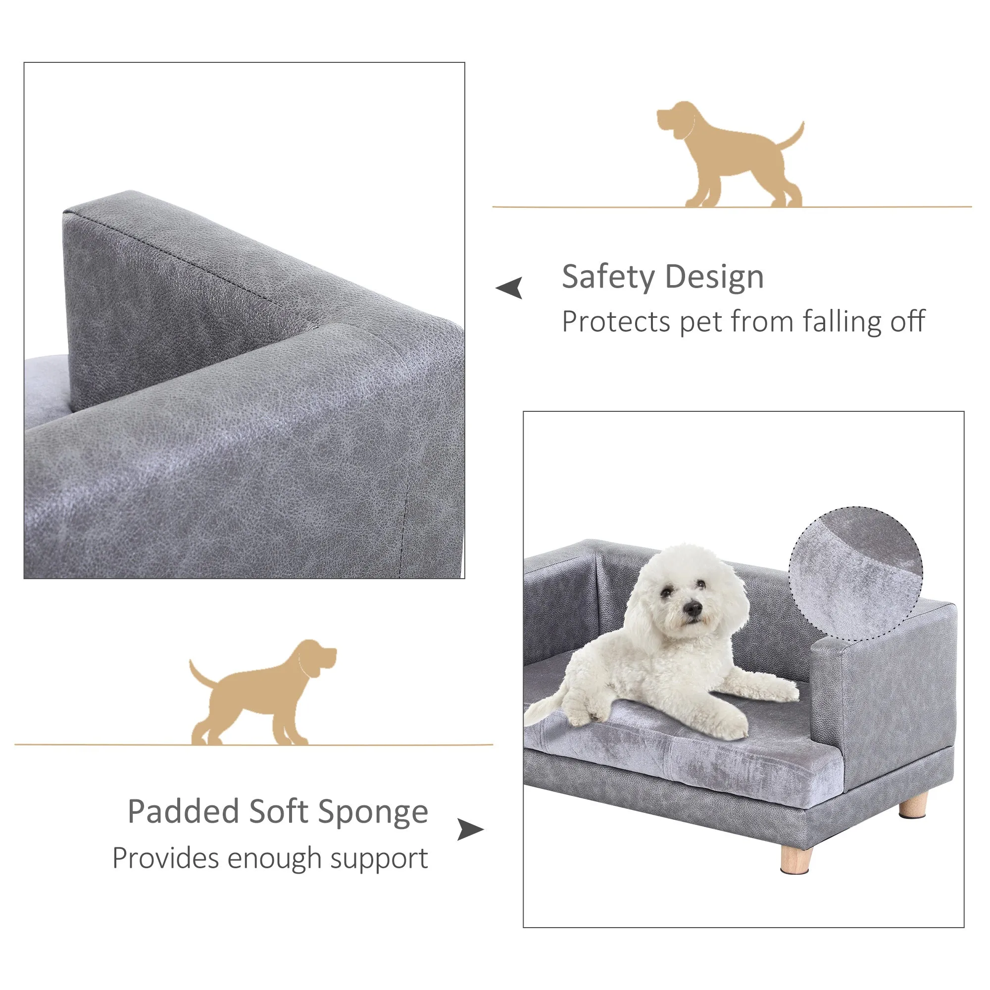 Dog Sofa Bed for Small-Sized Dogs Elevated Pet Chair with PU Cover Soft Cushion Cat Couch Lounger with Anti-slip Legs - Grey