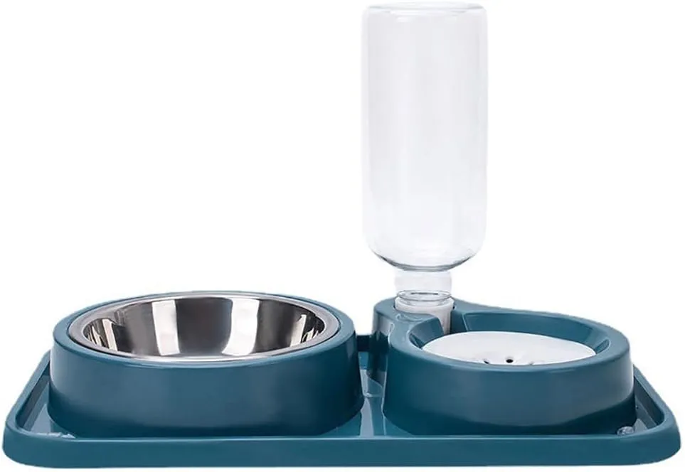 Double Dog Cat Bowls, Pet Food and Water Bowl Set With Automatic Dispenser Bottle, Detachable Stainless Steel Bowl, Gravity Feeder No-Spill for Cats, Dogs, Puppies, Kittens, Rabbits