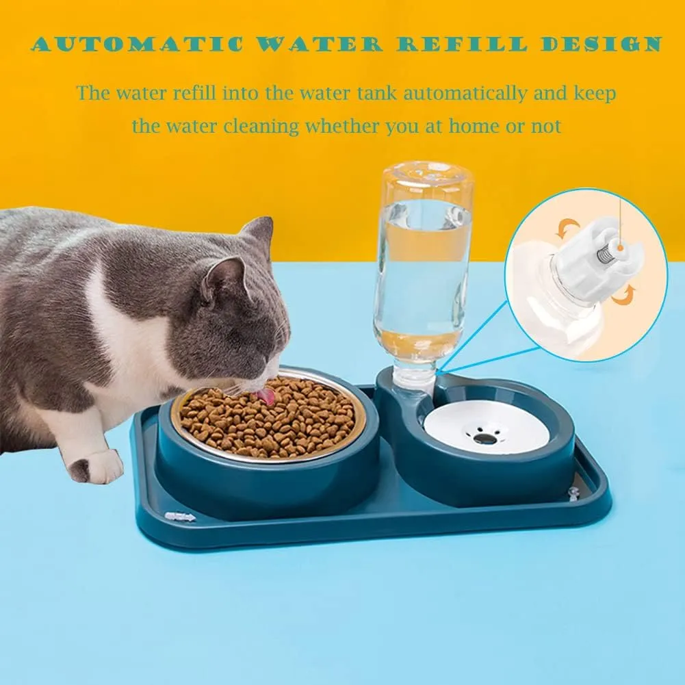 Double Dog Cat Bowls, Pet Food and Water Bowl Set With Automatic Dispenser Bottle, Detachable Stainless Steel Bowl, Gravity Feeder No-Spill for Cats, Dogs, Puppies, Kittens, Rabbits