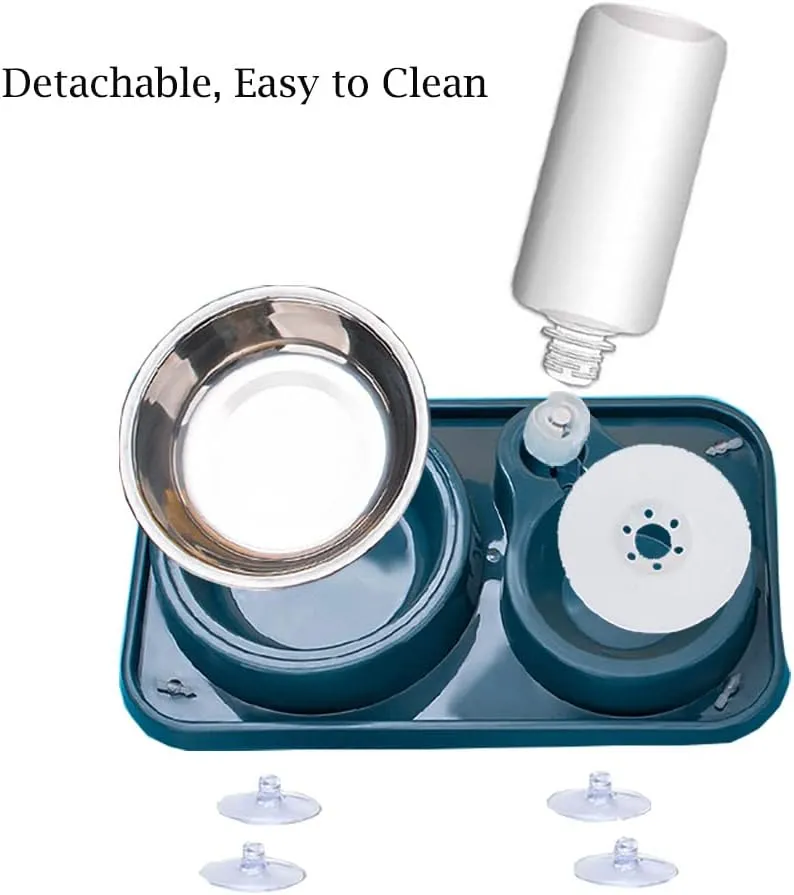 Double Dog Cat Bowls, Pet Food and Water Bowl Set With Automatic Dispenser Bottle, Detachable Stainless Steel Bowl, Gravity Feeder No-Spill for Cats, Dogs, Puppies, Kittens, Rabbits